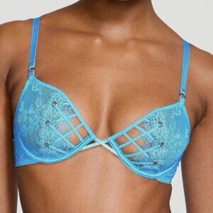 Victoria's Secret Very Sexy Unlined Bra 34DD Women strappy Sheer lace up New VS